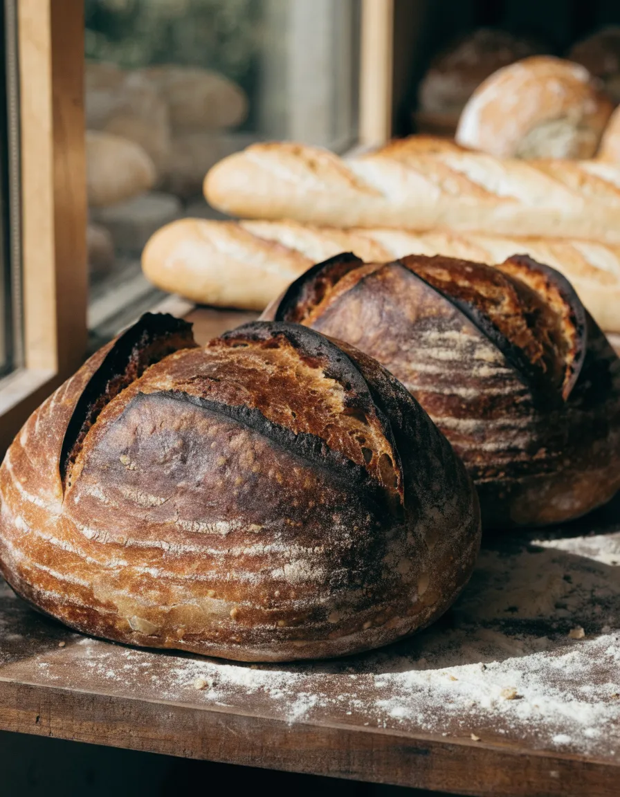 Scored artisan loaves and baguettes on a floured wooden bakery counter in warm window light