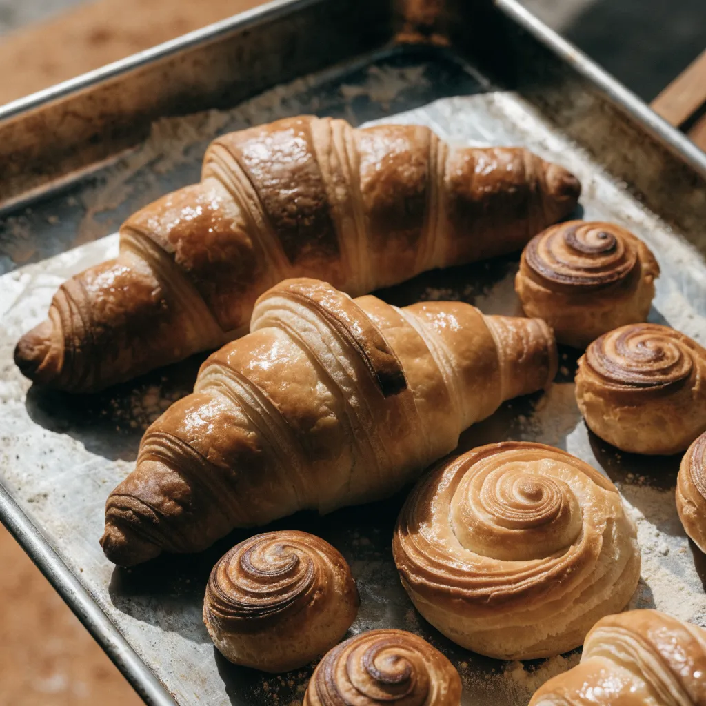 A metal tray of golden croissants and swirled pastries dusted with flour